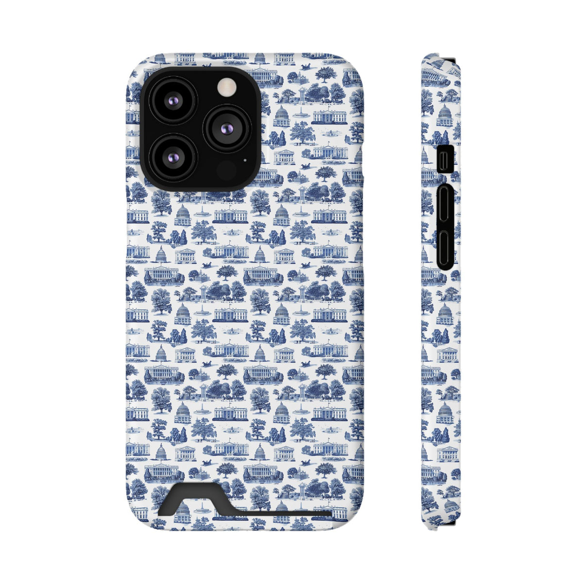 Blue Toile Phone Card Case — Vintage Scenic Pattern Phone Case with Card Holder