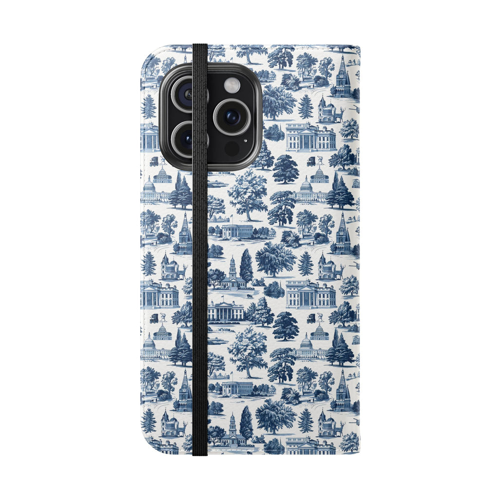 Vintage Toile Flip Phone Case — Blue Scenic Wallet Cover with Card Slots