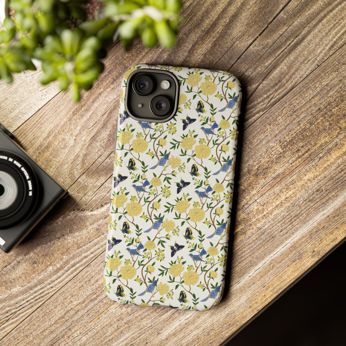 Floral Bird Tough Phone Case — Yellow Rose Pattern, Slim Protective iPhone Cover