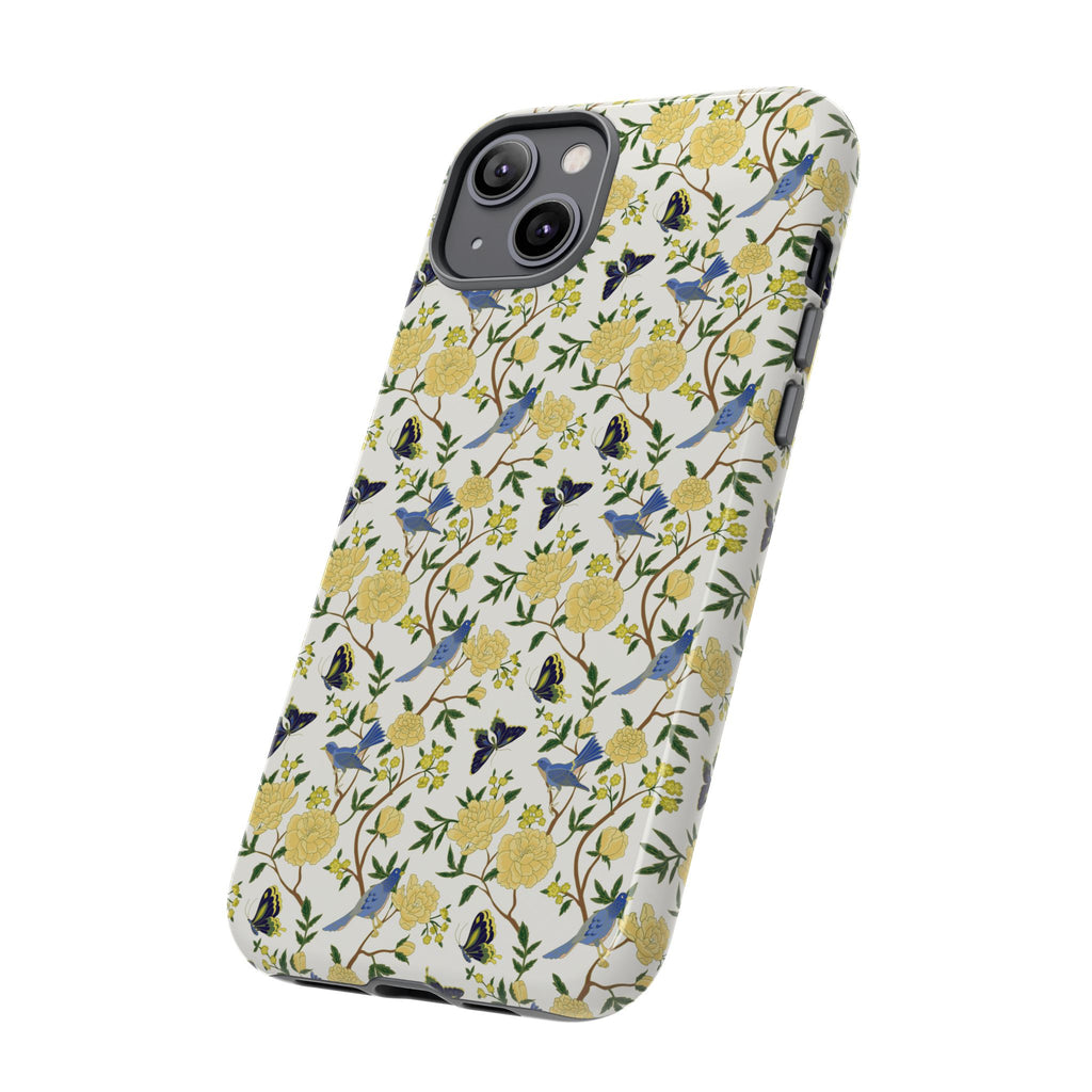 Floral Bird Tough Phone Case — Yellow Rose Pattern, Slim Protective iPhone Cover
