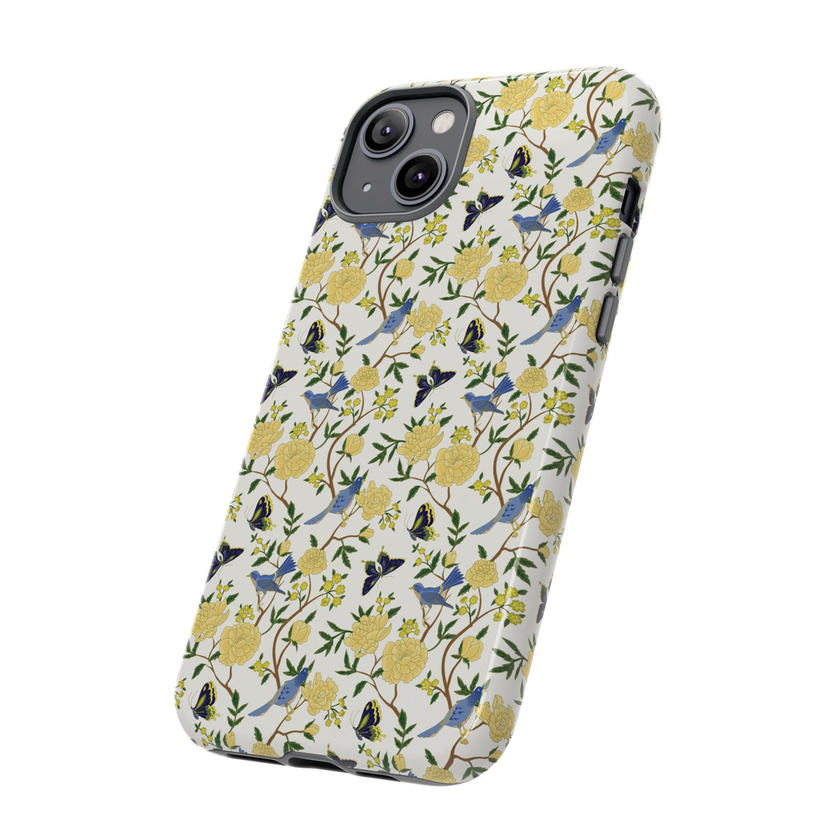 Floral Bird Tough Phone Case — Yellow Rose Pattern, Slim Protective iPhone Cover