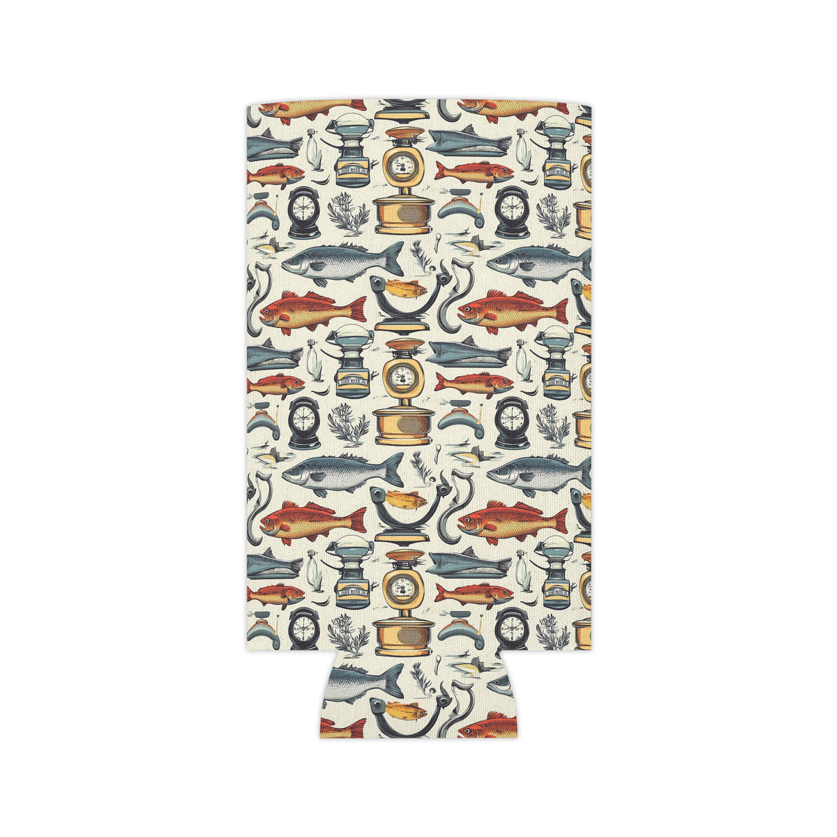 Nautical Fishing Can Cooler - Vintage Tackle & Fish Pattern