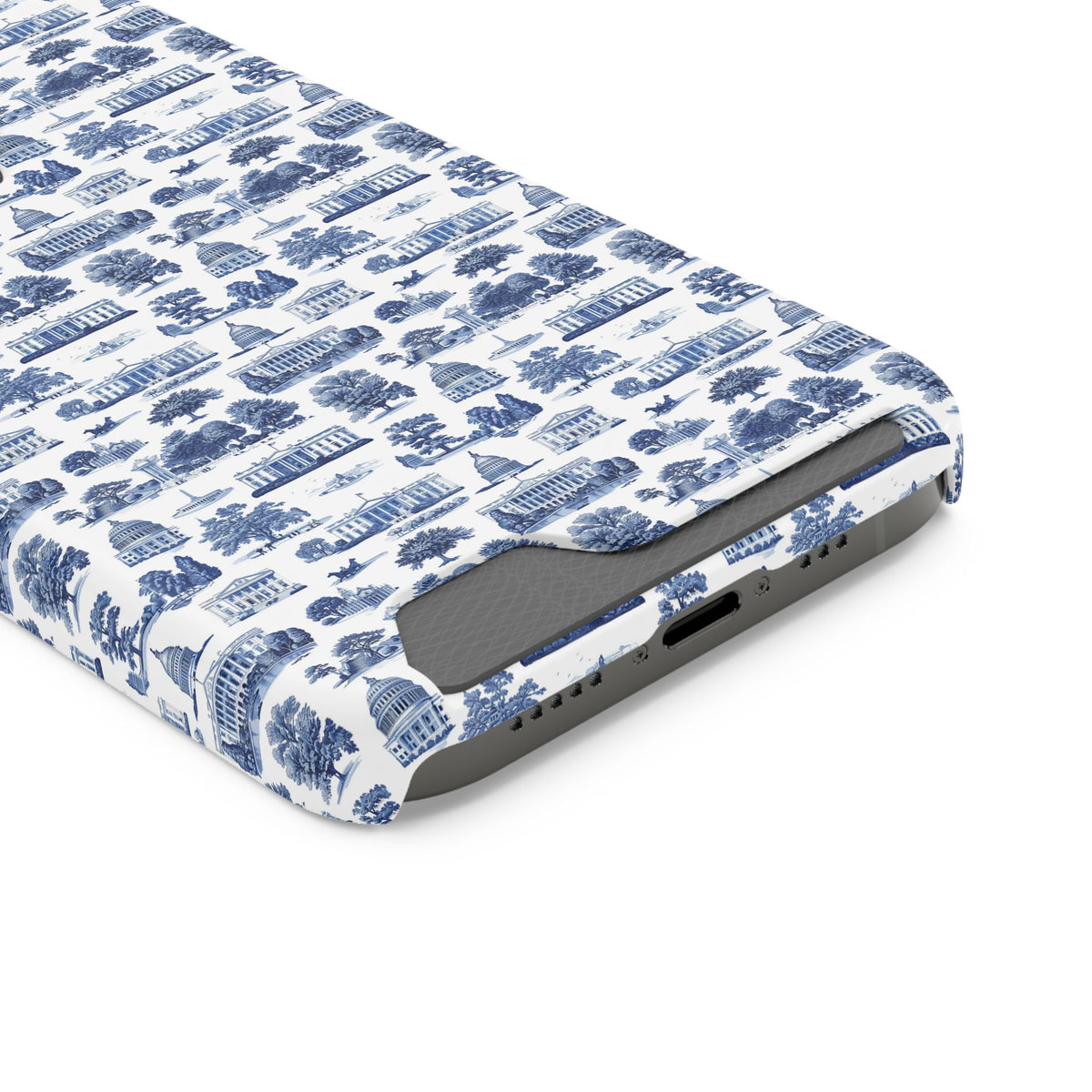 Blue Toile Phone Card Case — Slim Wallet Phone Case with Scenic Pattern