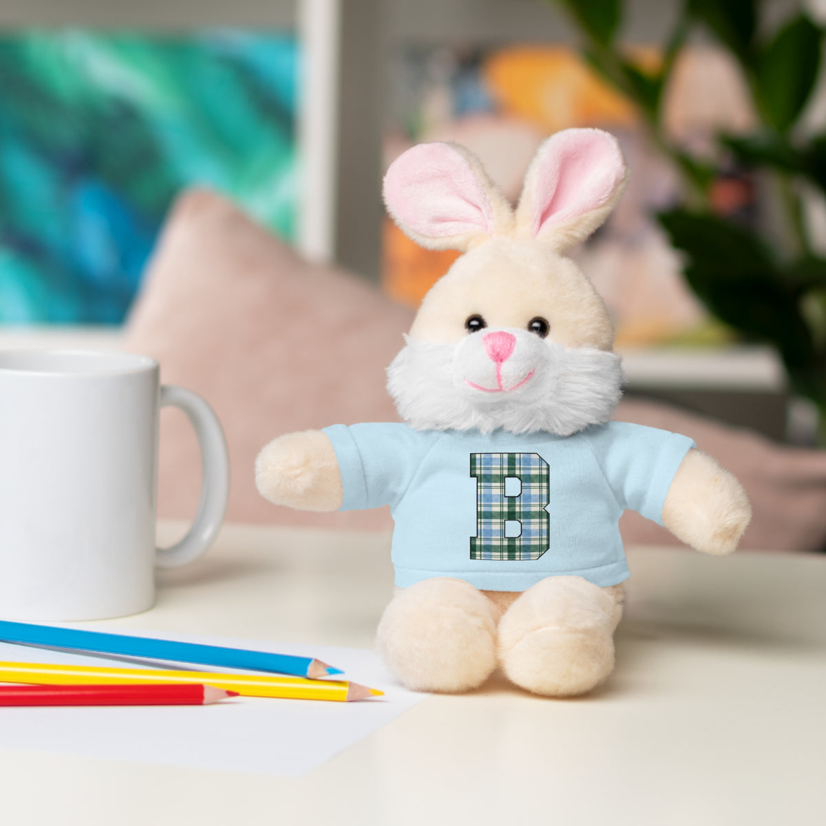 Plush Bear with Plaid Monogram Tee — Personalized Initial 'B' Stuffed Animal Gift