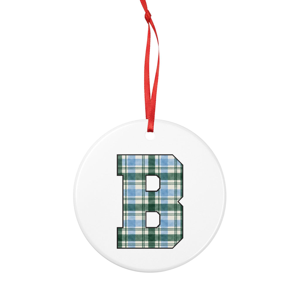 Plaid Monogram 'B' Ceramic Ornament — Personalized Holiday Tree Decoration