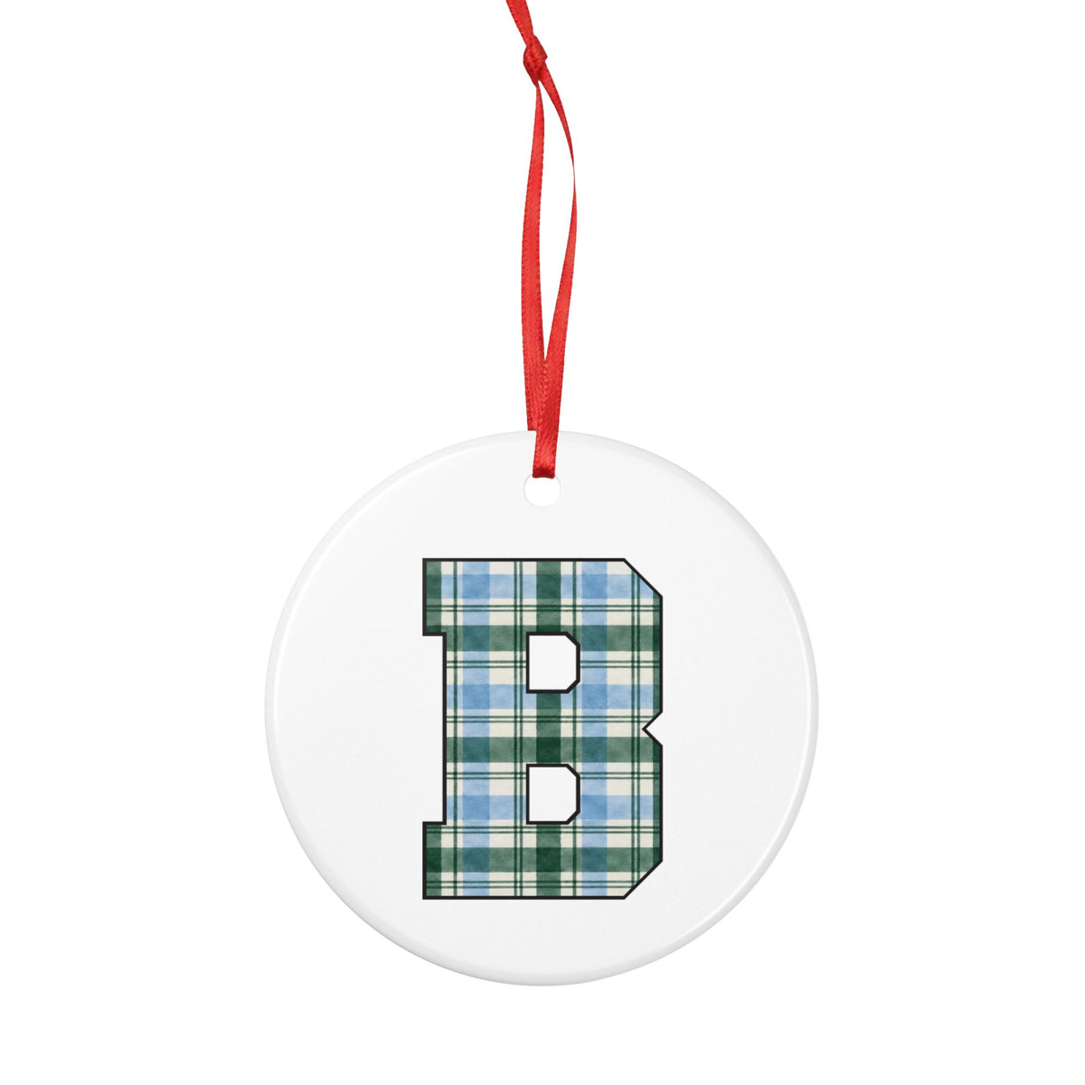 Plaid Monogram 'B' Ceramic Ornament — Personalized Holiday Tree Decoration