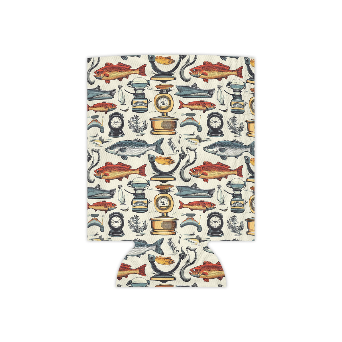 Nautical Fishing Can Cooler - Vintage Tackle & Fish Pattern