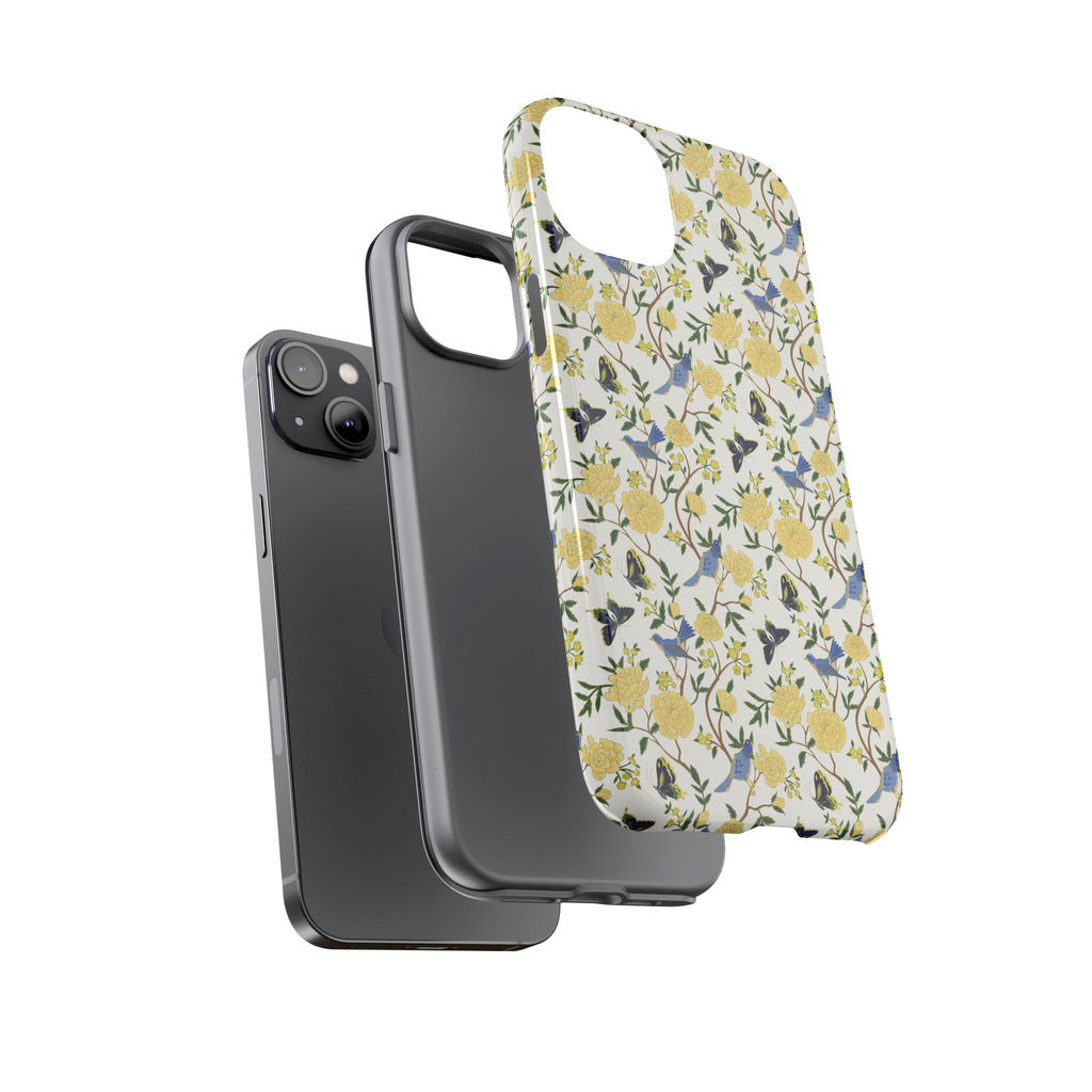 Floral Bird Tough Phone Case — Yellow Rose Pattern, Slim Protective iPhone Cover