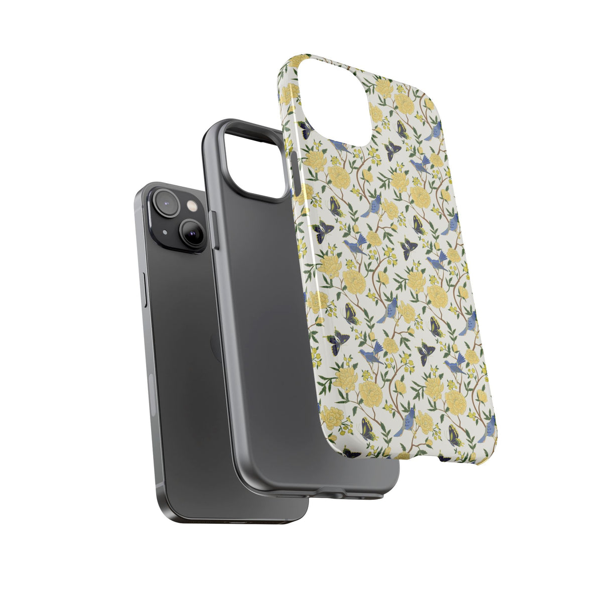Floral Bird Tough Phone Case — Yellow Rose Pattern, Slim Protective iPhone Cover