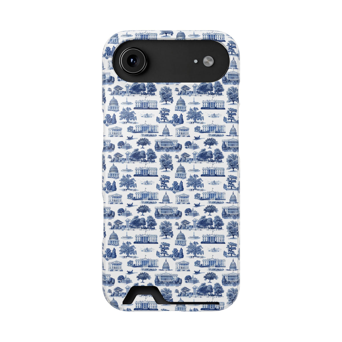 Blue Toile Phone Card Case — Slim Wallet Phone Case with Scenic Pattern