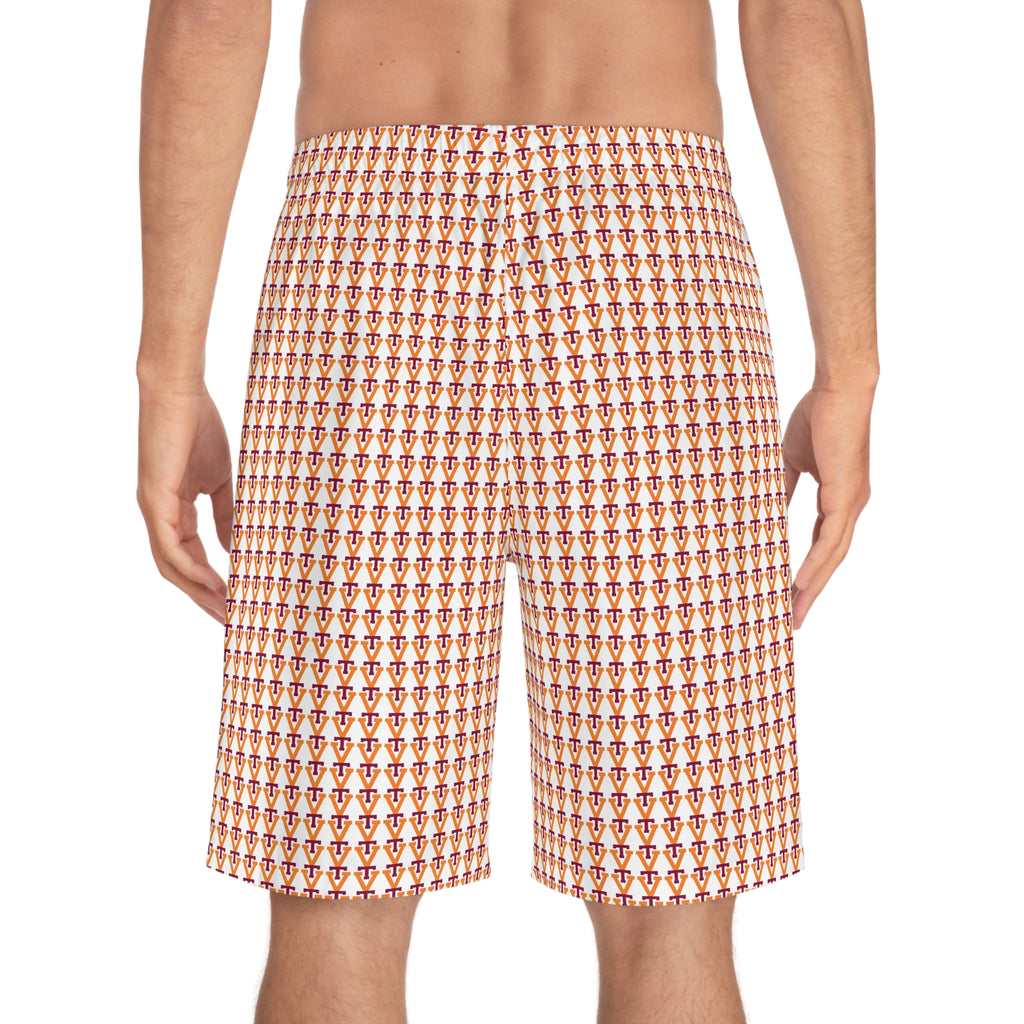 Retro Surf Shield Pattern Board Shorts — Men's All-Over Print Swim Trunks