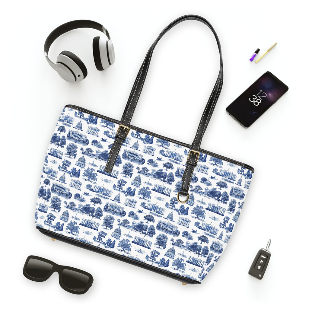 Blue Toile Print PU Shoulder Bag