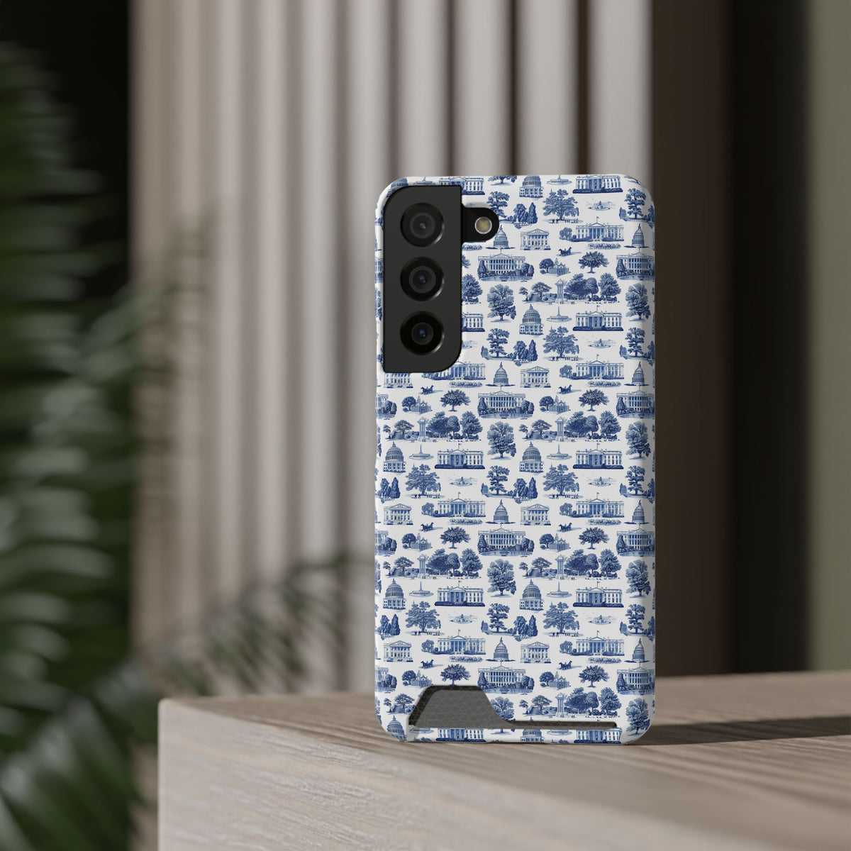 Blue Toile Phone Card Case — Slim Wallet Phone Case with Scenic Pattern
