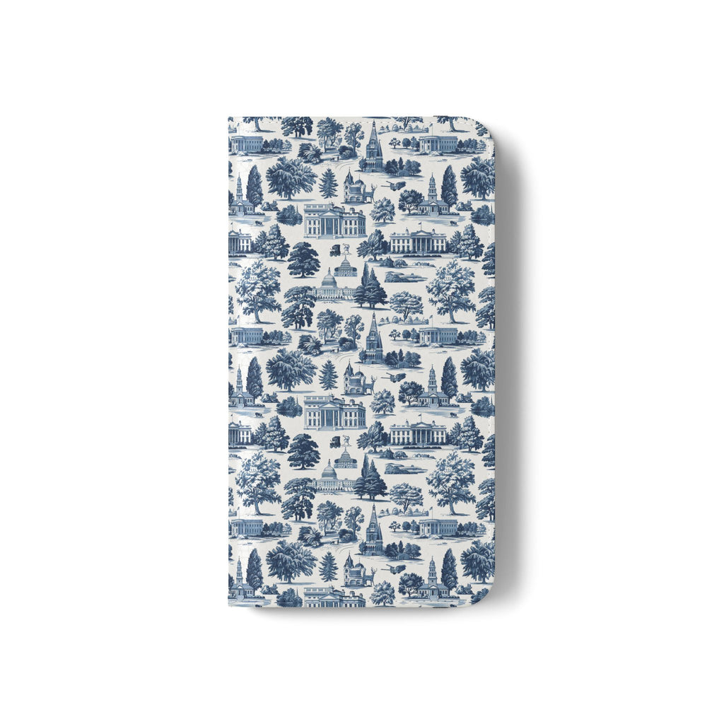Vintage Toile Flip Phone Case — Blue Scenic Wallet Cover with Card Slots