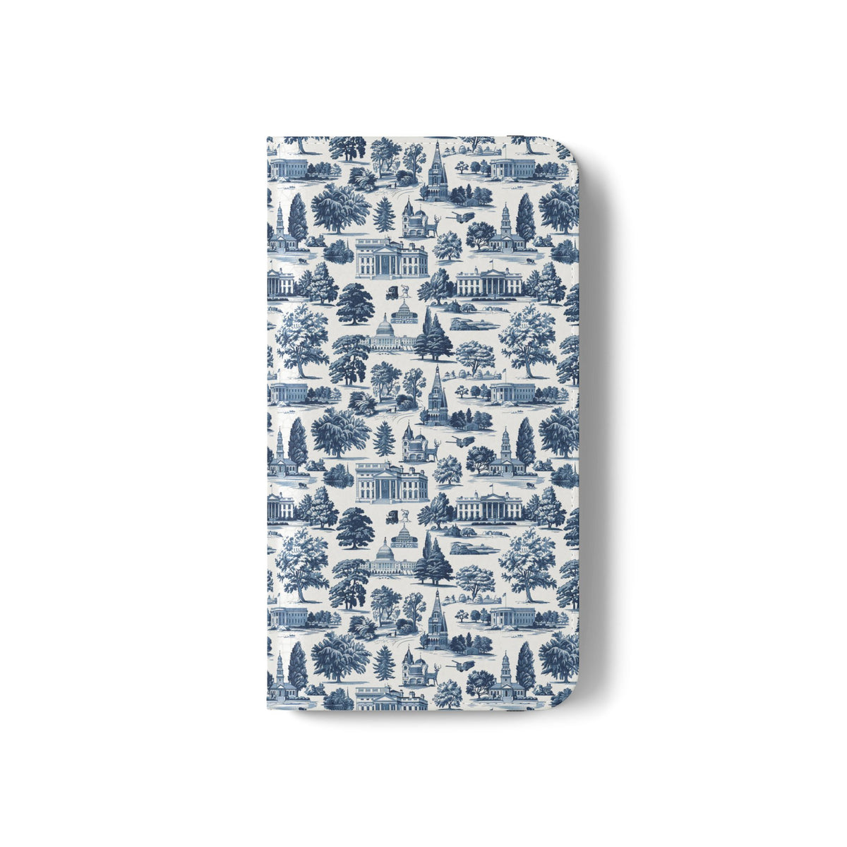 Vintage Toile Flip Phone Case — Blue Scenic Wallet Cover with Card Slots