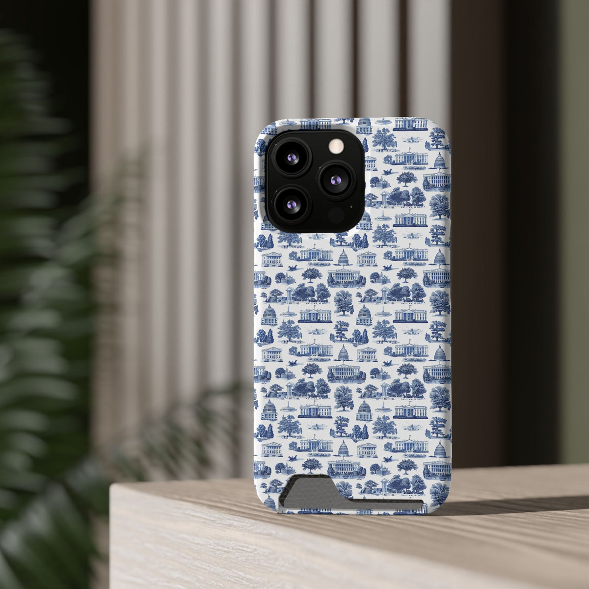 Blue Toile Phone Card Case — Slim Wallet Phone Case with Scenic Pattern