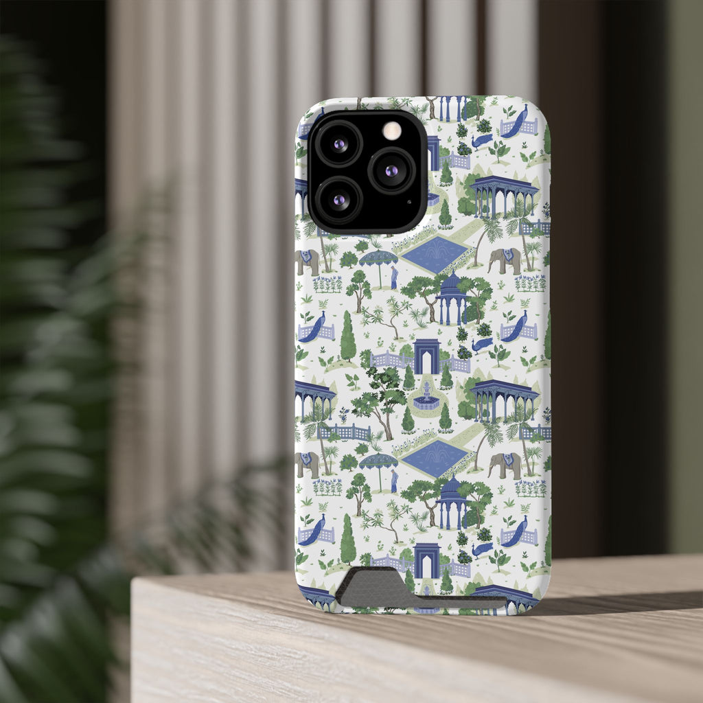 Garden Pavilion Cardholder Phone Case — Blue & Green Scenic Park Design