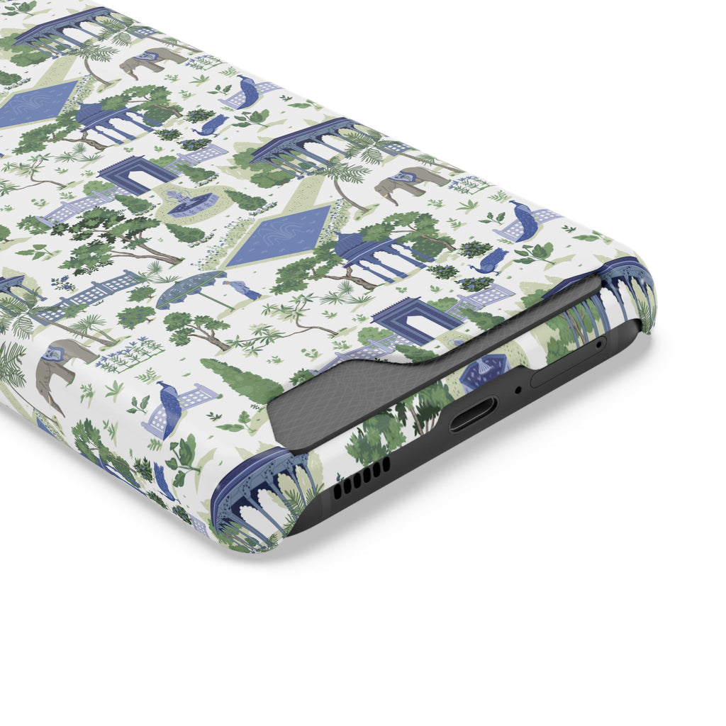Garden Pavilion Cardholder Phone Case — Blue & Green Scenic Park Design