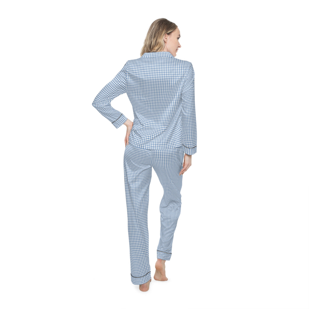 Blue Gingham Satin Women's Pajama Set — Luxury Button-Down Sleepwear