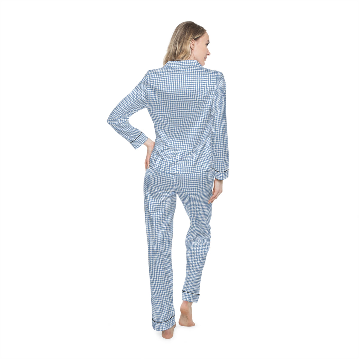 Blue Gingham Satin Women's Pajama Set — Luxury Button-Down Sleepwear