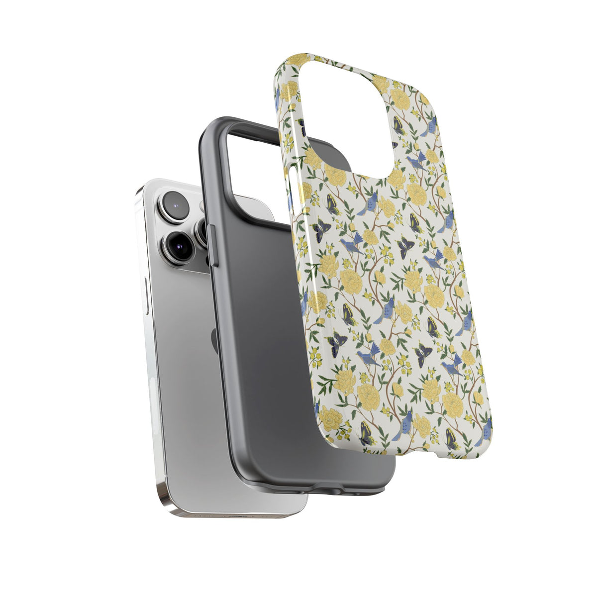 Floral Bird Tough Phone Case — Yellow Rose Pattern, Slim Protective iPhone Cover