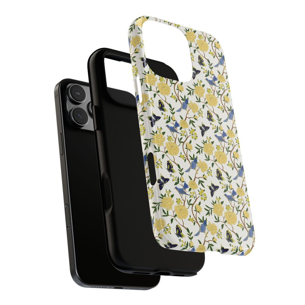 Floral Bird Tough Phone Case — Yellow Rose Pattern, Slim Protective iPhone Cover