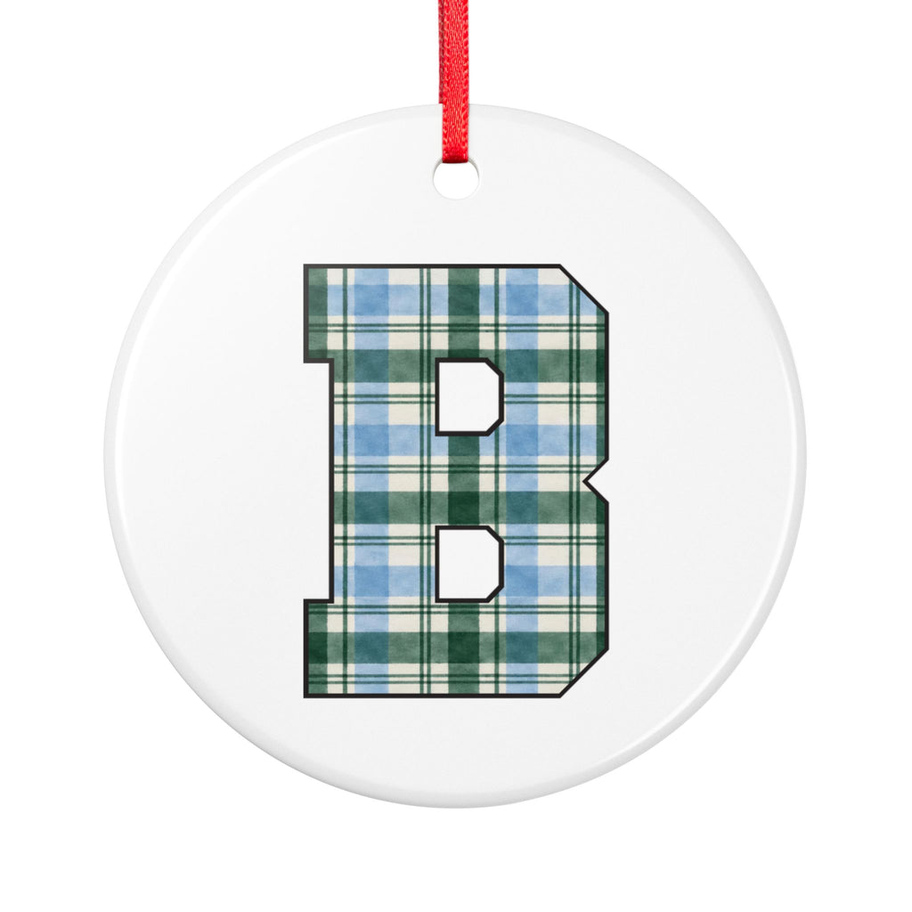 Plaid Monogram 'B' Ceramic Ornament — Personalized Holiday Tree Decoration