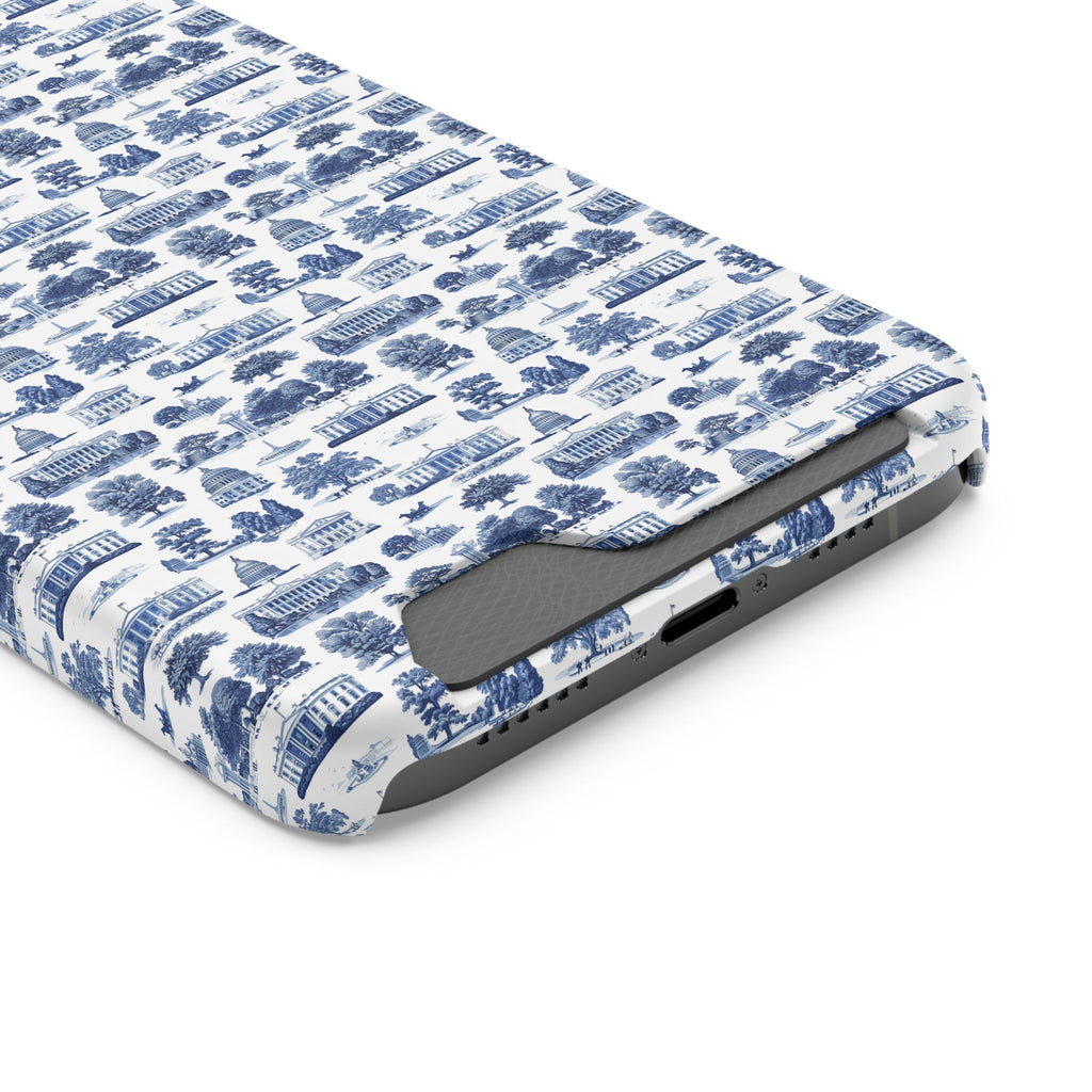 Blue Toile Phone Card Case — Vintage Scenic Pattern Phone Case with Card Holder