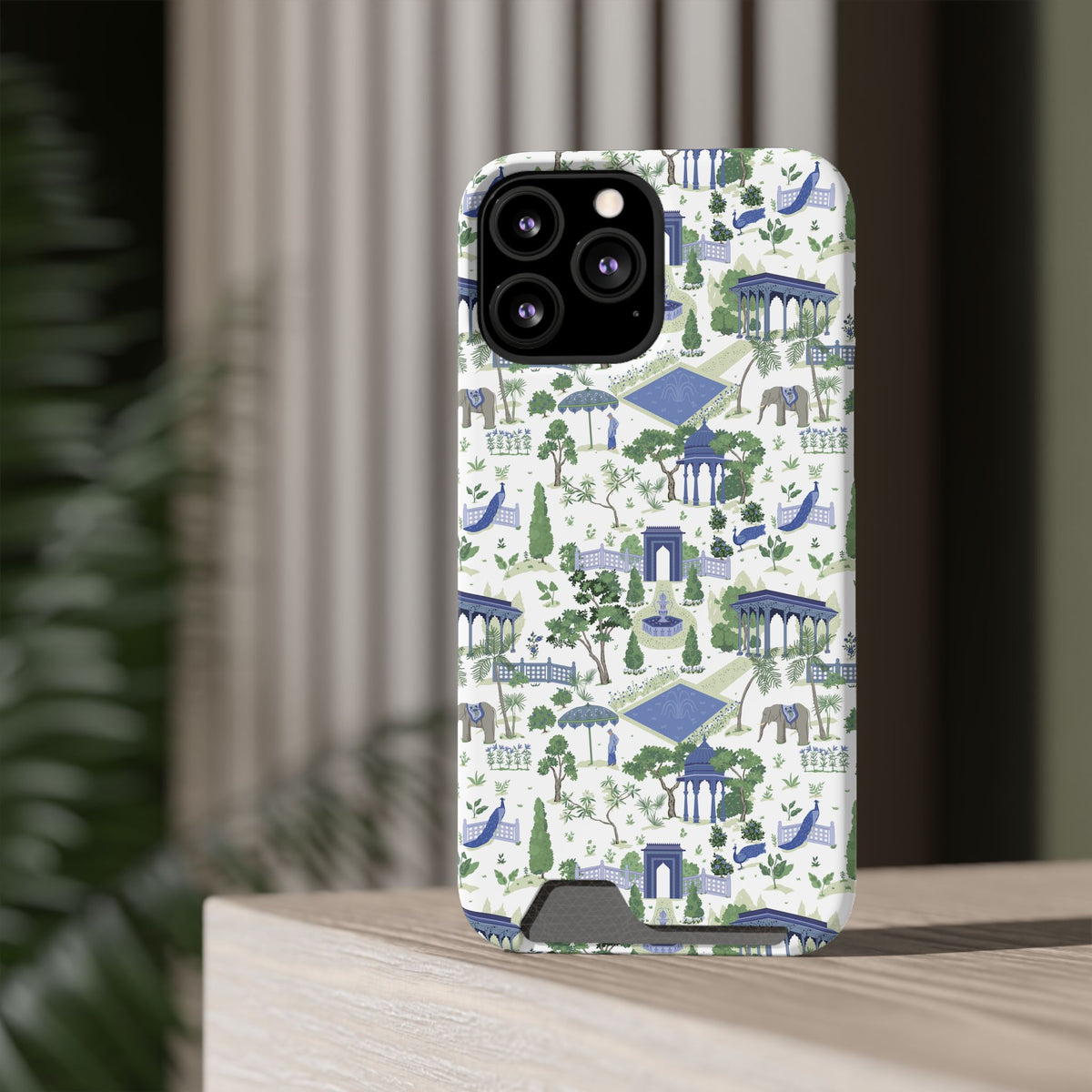 Garden Pavilion Cardholder Phone Case — Blue & Green Scenic Park Design