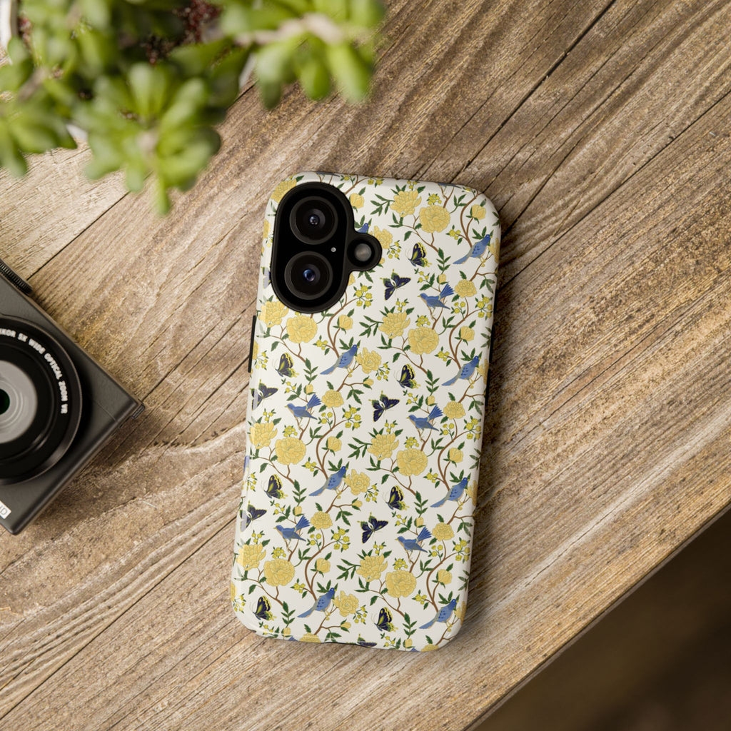 Floral Bird Tough Phone Case — Yellow Rose Pattern, Slim Protective iPhone Cover