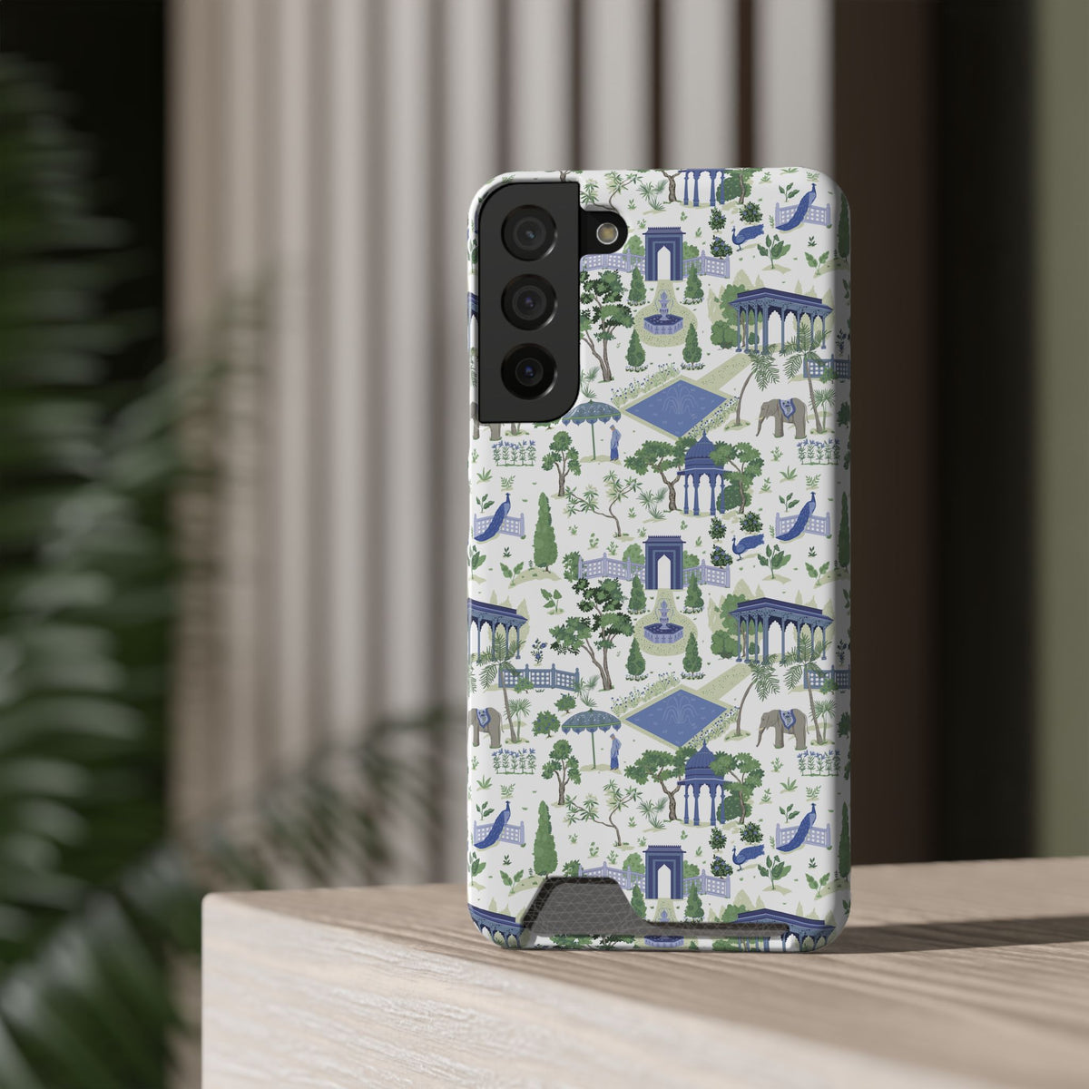 Garden Pavilion Cardholder Phone Case — Blue & Green Scenic Park Design