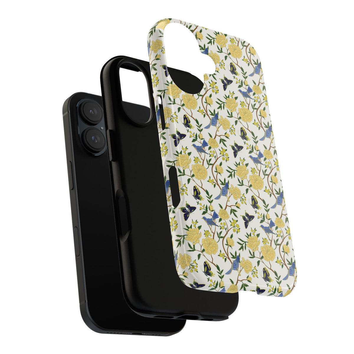 Floral Bird Tough Phone Case — Yellow Rose Pattern, Slim Protective iPhone Cover