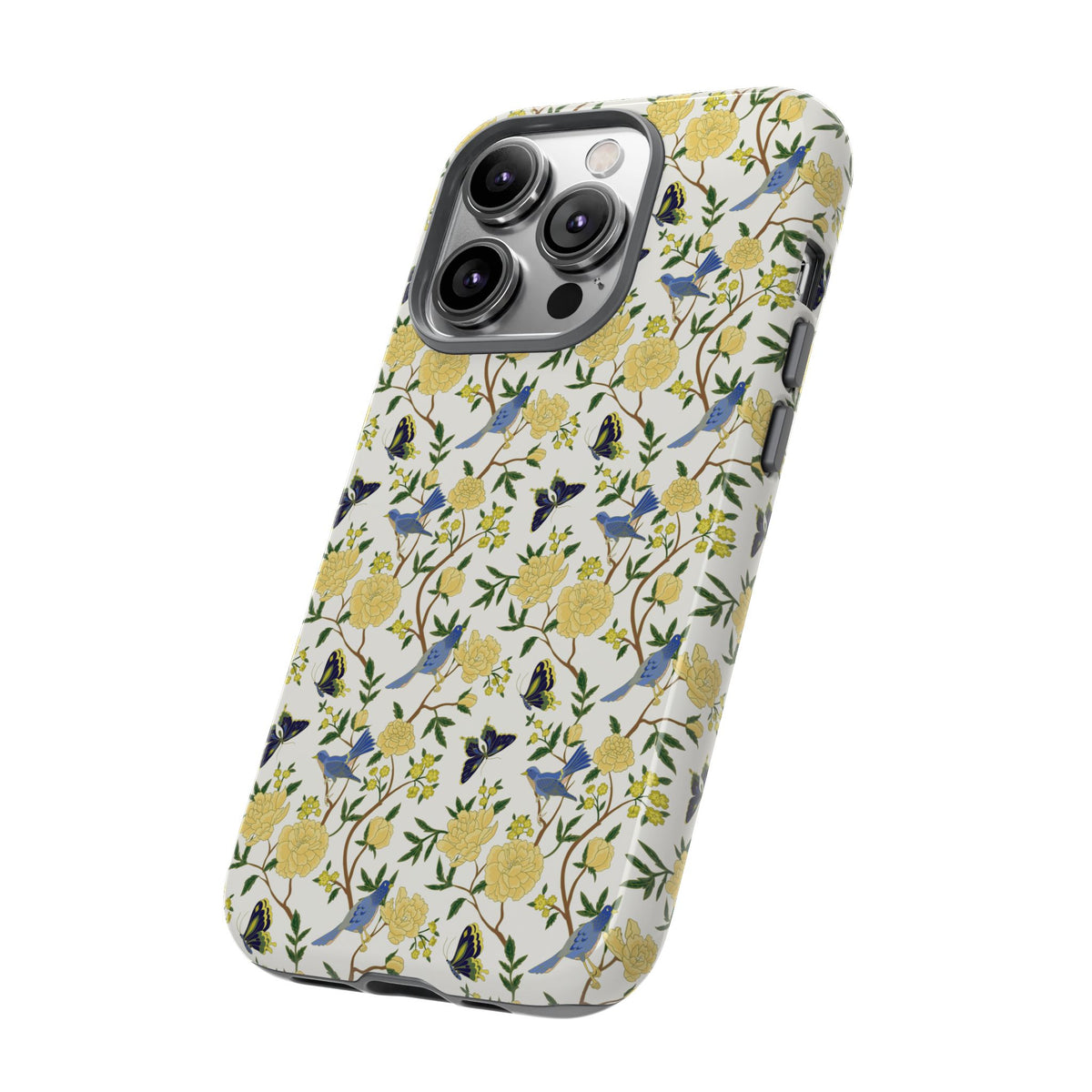 Floral Bird Tough Phone Case — Yellow Rose Pattern, Slim Protective iPhone Cover