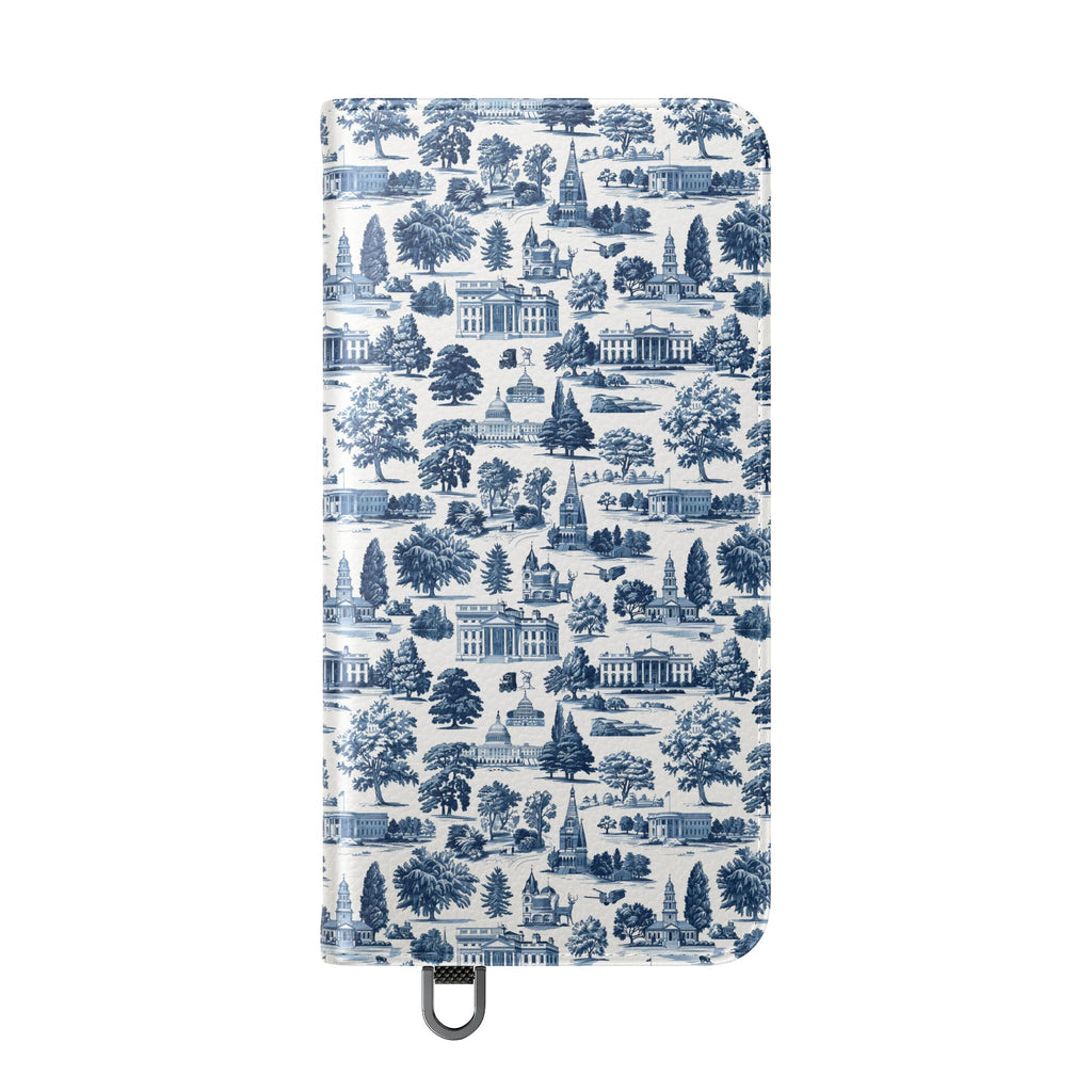 Vintage Toile Flip Phone Case — Blue Scenic Wallet Cover with Card Slots