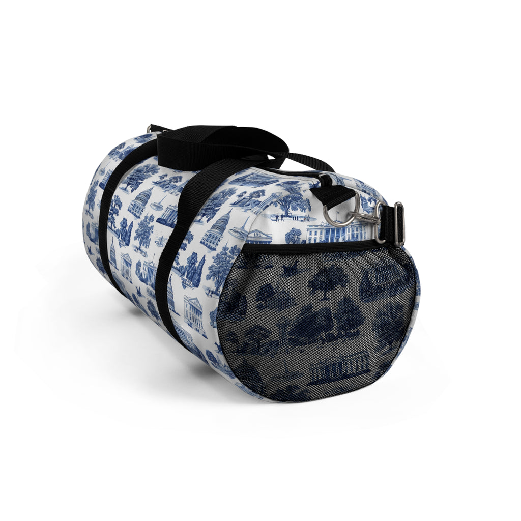 Blue Toile Travel Duffel Bag — Classic Scenic Print Weekender
