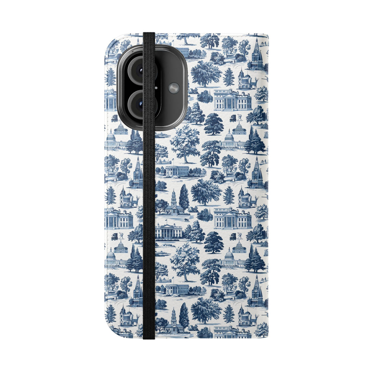 Vintage Toile Flip Phone Case — Blue Scenic Wallet Cover with Card Slots