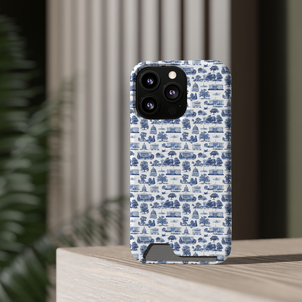 Blue Toile Phone Card Case — Vintage Scenic Pattern Phone Case with Card Holder
