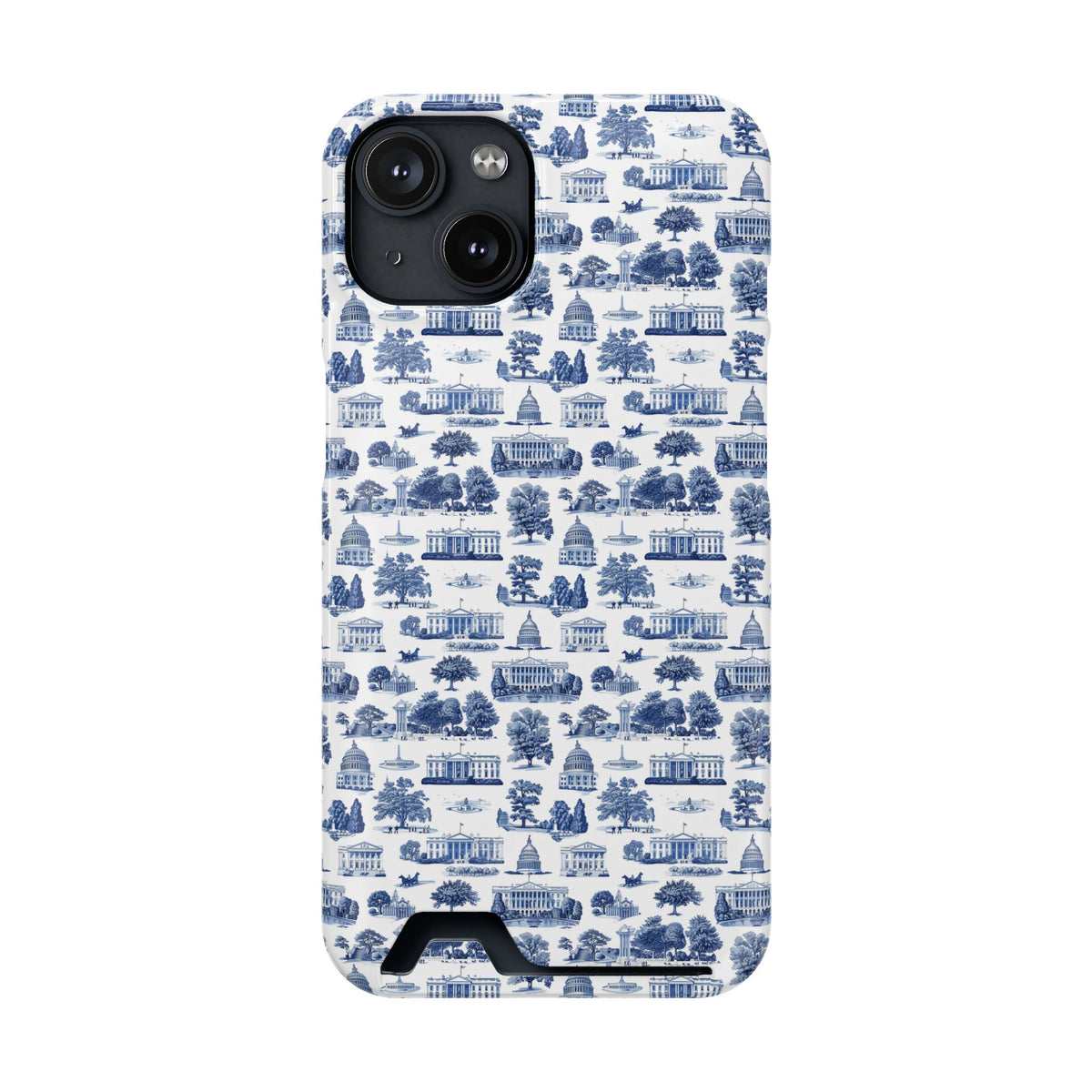 Blue Toile Phone Card Case — Slim Wallet Phone Case with Scenic Pattern