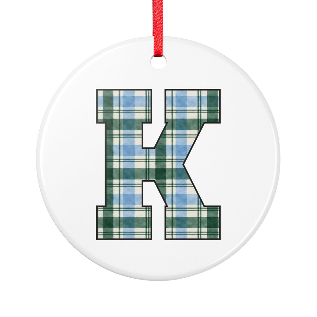 Plaid Letter K Ceramic Ornament — Monogram Initial Holiday Ornament