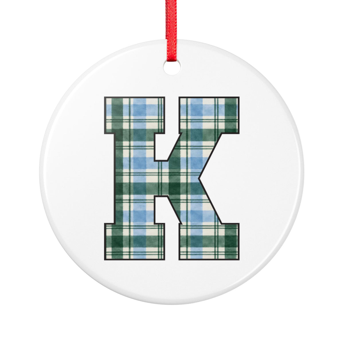 Plaid Letter K Ceramic Ornament — Monogram Initial Holiday Ornament