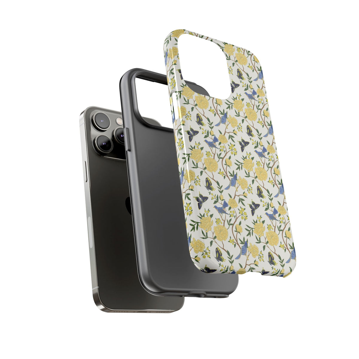 Floral Bird Tough Phone Case — Yellow Rose Pattern, Slim Protective iPhone Cover