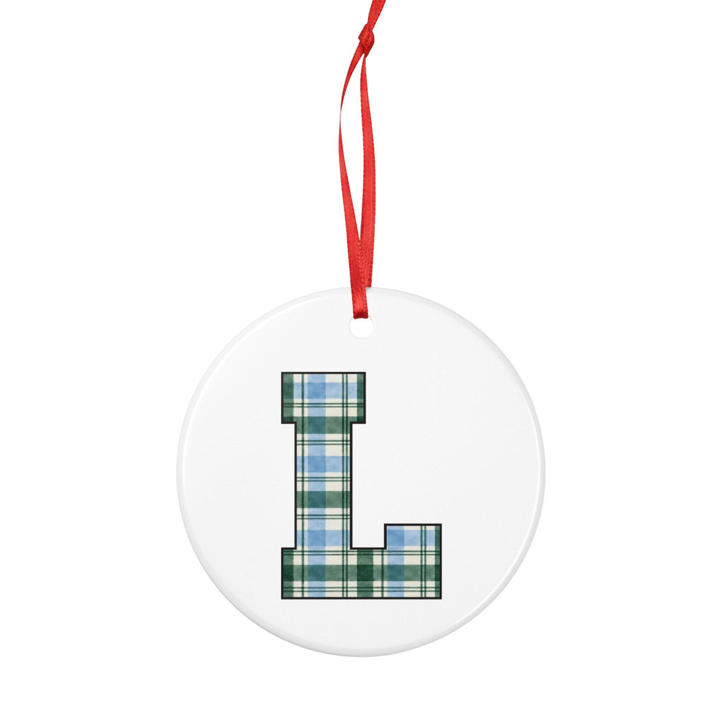 Plaid Letter L Ceramic Ornament — Monogram Initial Holiday Decoration