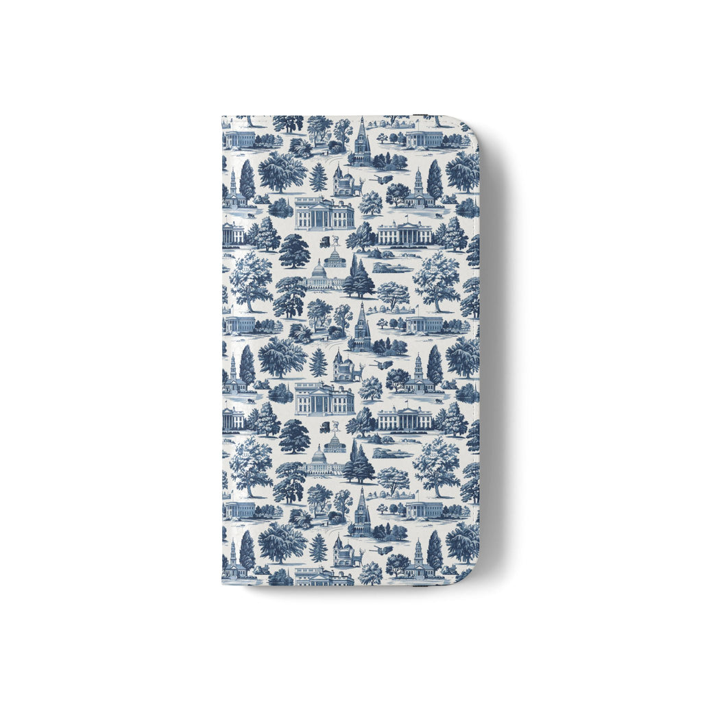 Vintage Toile Flip Phone Case — Blue Scenic Wallet Cover with Card Slots