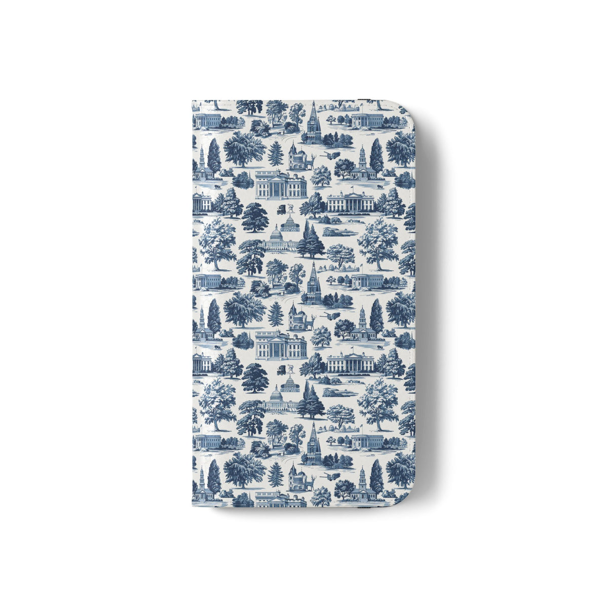 Vintage Toile Flip Phone Case — Blue Scenic Wallet Cover with Card Slots
