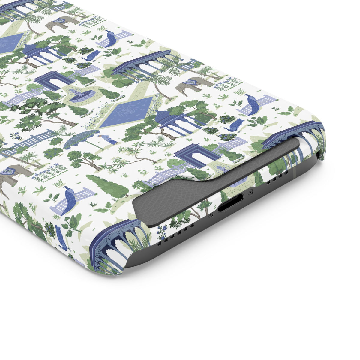 Garden Pavilion Cardholder Phone Case — Blue & Green Scenic Park Design