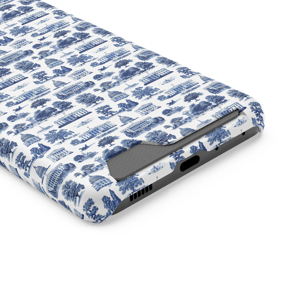 Blue Toile Phone Card Case — Slim Wallet Phone Case with Scenic Pattern