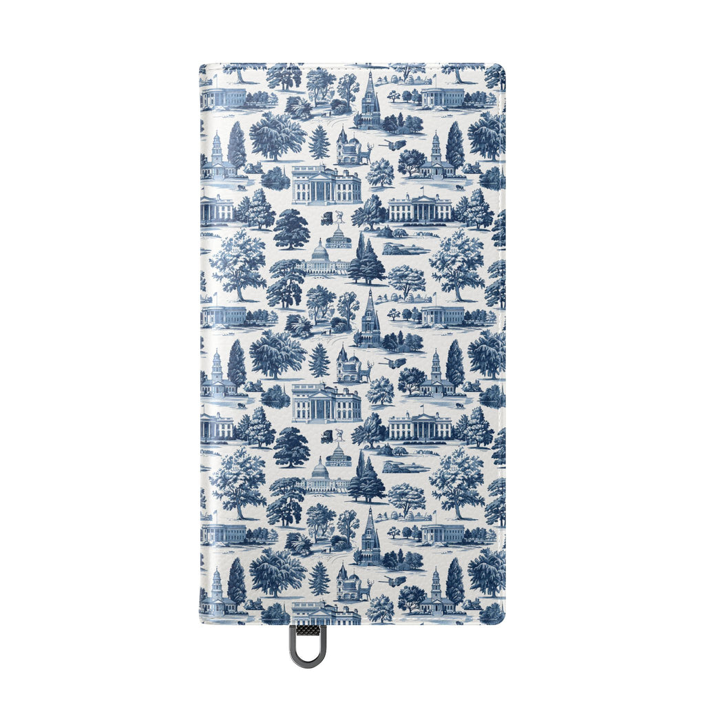Vintage Toile Flip Phone Case — Blue Scenic Wallet Cover with Card Slots
