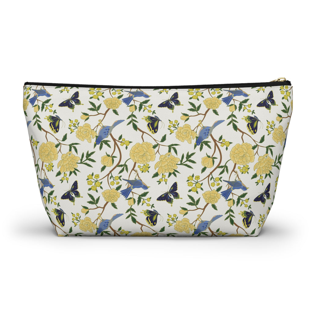 Floral Bird Accessory Pouch — Yellow Rose & Bluebird Cosmetic Bag