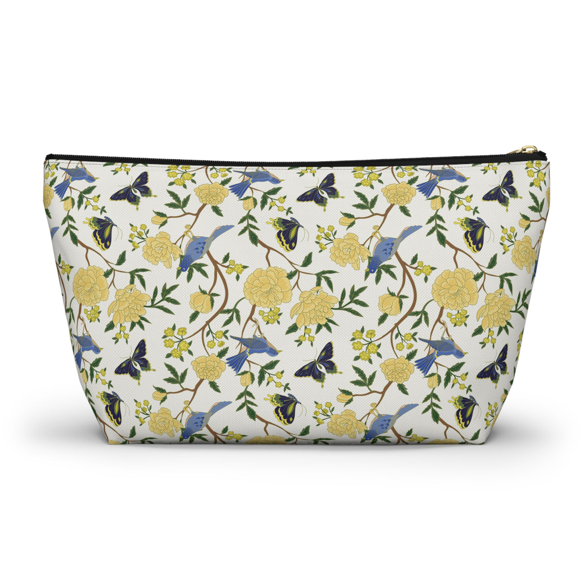 Floral Bird Accessory Pouch — Yellow Rose & Bluebird Cosmetic Bag