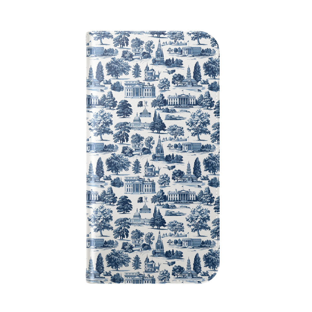 Vintage Toile Flip Phone Case — Blue Scenic Wallet Cover with Card Slots